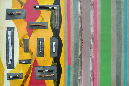 Anna Marchwicka, Dyptyk, bez tytułu, płótno, akryl, len, gałęzie, drewno, 90 x 130 cm